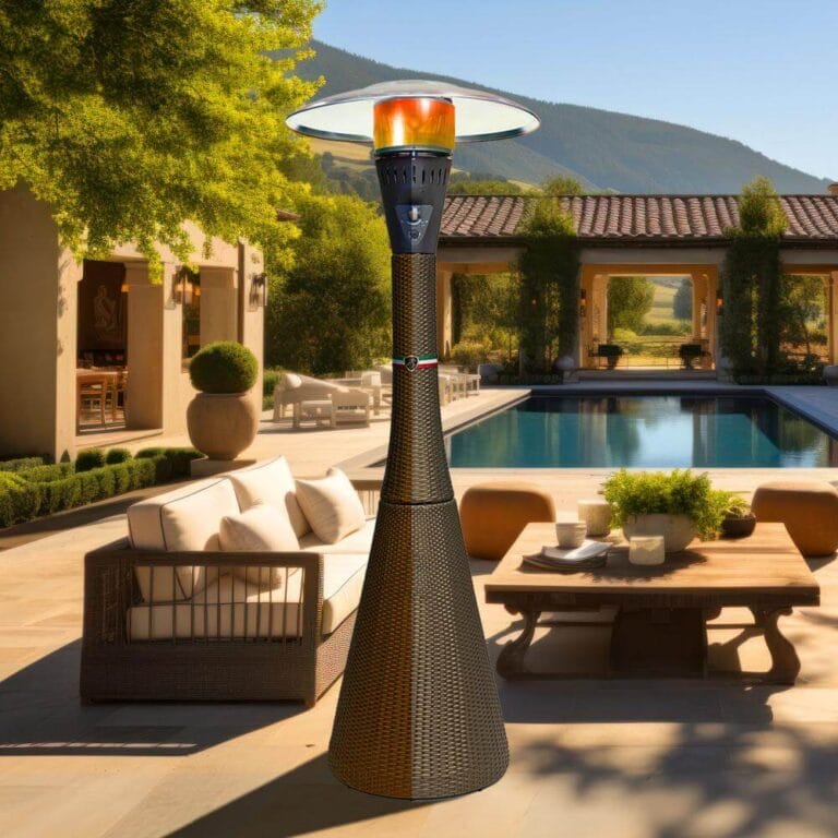 Brown Palermo outside in front of sofas and a pool